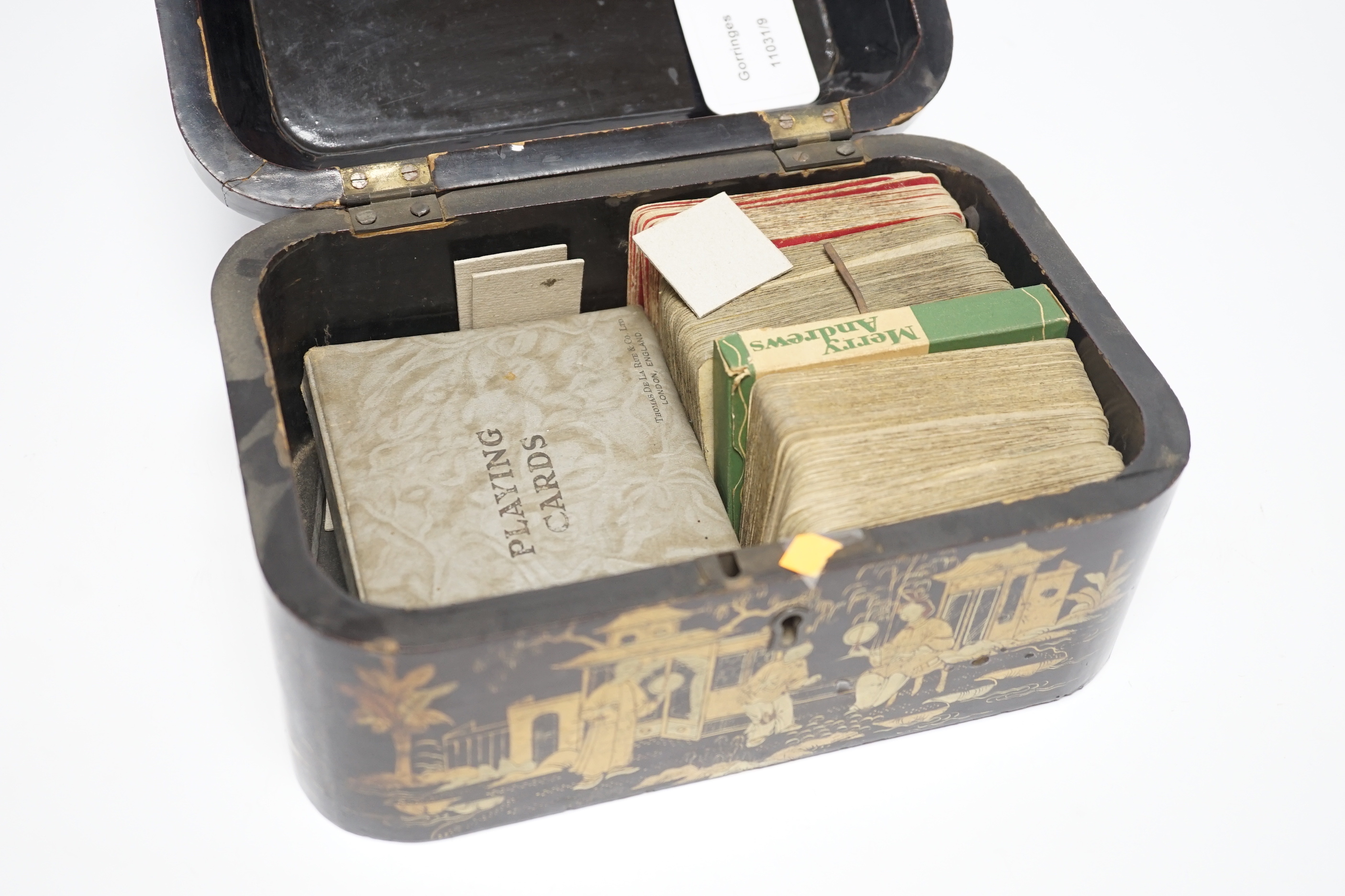 A 19th century Cantonese lacquer box and later playing cards, 23cm wide